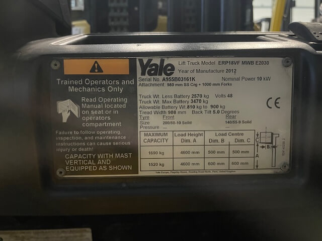 Yale ERP18VF | Heftruck - Yale erp18vf typeplaat nr 1317 - 100907-1317