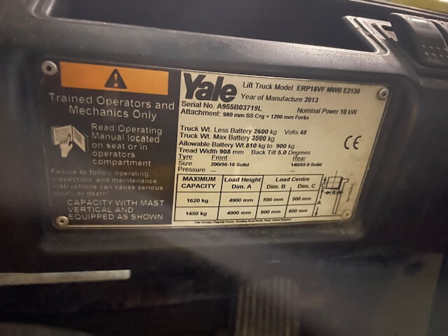 Yale ERP18VF | Heftruck - Yale erp18vf typeplaat nr 1319 - 100907-1319