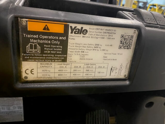 Yale ERP18VT | Heftruck - Yale erp18vt typeplaat nr 1286 - 100908-1286
