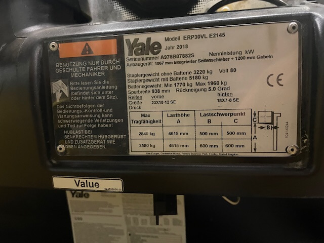 Yale ERP30VL | Heftruck - Yale erp30vl typeplaat nr 1454 - 100923-1454