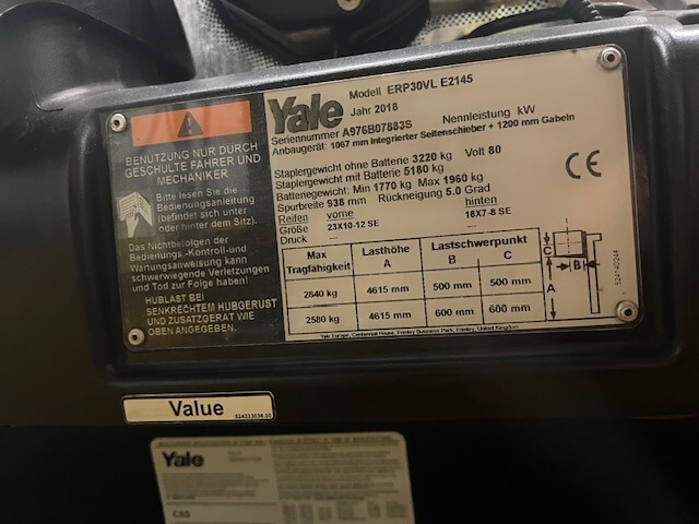 Yale ERP30VL | Heftruck - Yale erp30vl typeplaat nr 1456 - 100923-1456